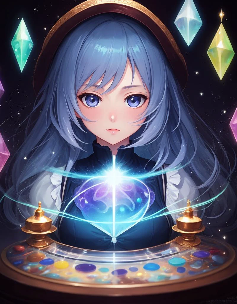 a reb head magic woman,complex magic laboratory background,multicolor magic soft body particls animation cluster effect,ambient light,closeup,by Artist Shiro Amano,