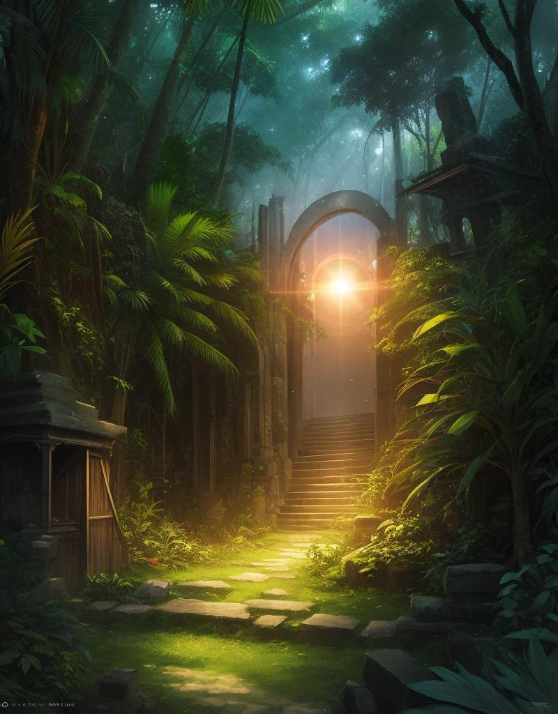 a magic woman,Tropical jungle and ruins complex bacground,multicolor magic soft body particls animation cluster effect,ambient light,closeup,by Artist Shiro Amano,