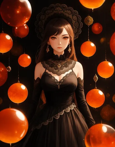 a woman,complex background,orange glass sphere cluster,