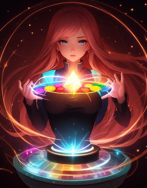 a reb head magic woman,complex magic laboratory background,multicolor magic soft body particls animation cluster effect,ambient light,closeup,
