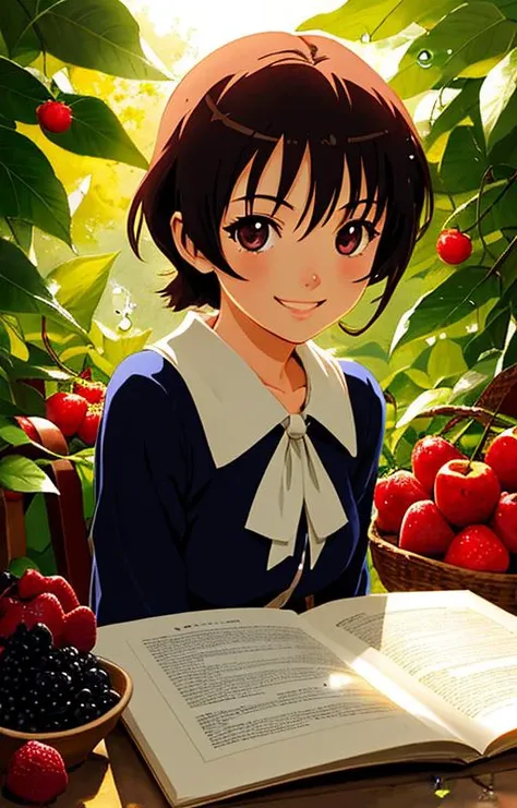 very cute girl appealing anthropomorphic chery,looking at the viewer,big grin,happy,fruit,berry,droplets,macro,sunlight,fantasy art,dynamic composition,dramatic lighting,epic realistic,award winning illustration,anime,carton,art by Osamu Tezuka,