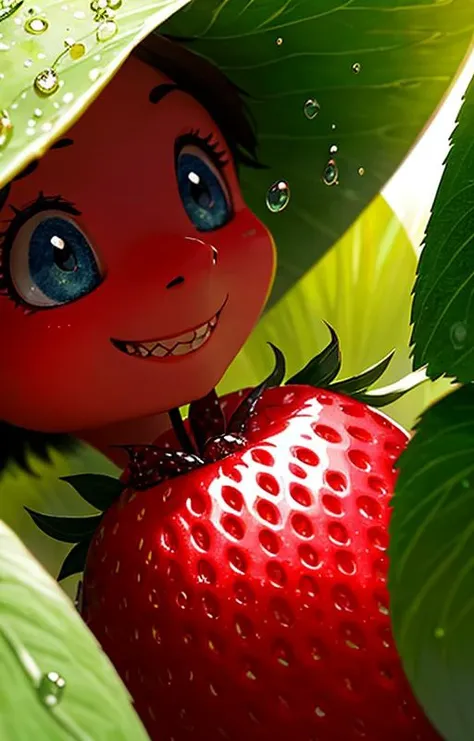 very cute appealing anthropomorphic strawberry,looking at the viewer,big grin,happy,fruit,berry,droplets,macro,sunlight,fantasy art,dynamic composition,dramatic lighting,epic realistic,award winning illustration,