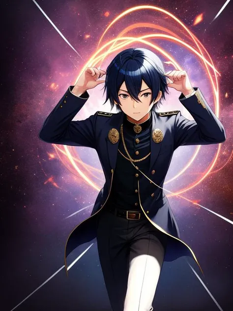 Male,Dynamic pose,Complex magic road background,by artist Shuichi Shigeno,