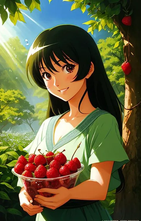 very cute girl appealing anthropomorphic chery,looking at the viewer,big grin,happy,fruit,berry,droplets,macro,sunlight,fantasy art,dynamic composition,dramatic lighting,epic realistic,award winning illustration,anime,carton,art by Osamu Tezuka,