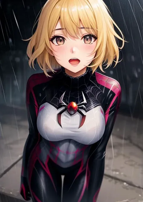 18 yo girl,multicolor spider suit,short blunt hair,blonde,beautiful face,rain,masterpiece,intricate detail,Open mouth,perfect anatomy,
by artist Shuichi Shigeno,