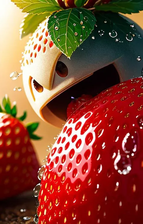 very cute appealing anthropomorphic strawberry,looking at the viewer,big grin,happy,fruit,berry,droplets,macro,sunlight,fantasy art,dynamic composition,dramatic lighting,epic realistic,award winning illustration,