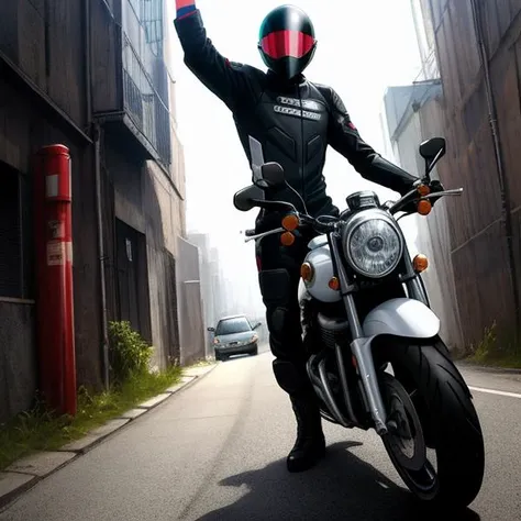 Male,Dynamic pose,Motorcycle helmet,Biker suit,Complex magic road background,by artist Shuichi Shigeno,