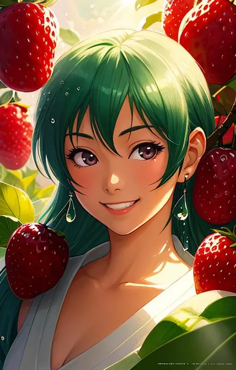 very cute girl appealing anthropomorphic chery,looking at the viewer,big grin,happy,fruit,berry,droplets,macro,sunlight,fantasy art,dynamic composition,dramatic lighting,epic realistic,award winning illustration,anime,carton,art by Osamu Tezuka,