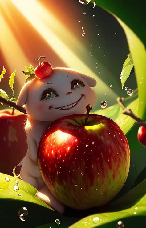 very cute appealing anthropomorphic Apple,looking at the viewer,big grin,happy,fruit,berry,droplets,macro,sunlight,fantasy art,dynamic composition,dramatic lighting,epic realistic,award winning illustration,