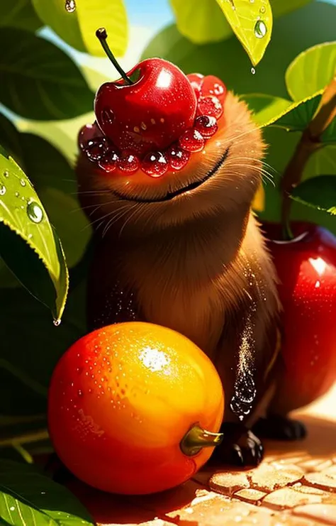very cute appealing anthropomorphic cherry,looking at the viewer,big grin,happy,fruit,berry,droplets,macro,sunlight,fantasy art,dynamic composition,dramatic lighting,epic realistic,award winning illustration,
