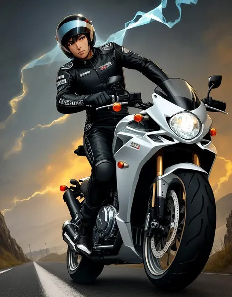 Male,Dynamic pose,Motorcycle helmet,Biker suit,Complex magic road background,by artist Shuichi Shigeno,