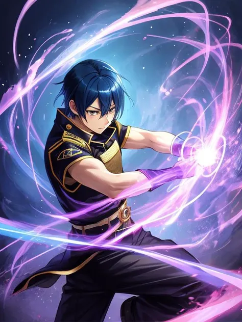 Male,Dynamic pose,Complex magic road background,by artist Shuichi Shigeno,