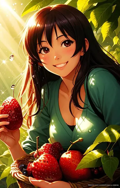 very cute girl appealing anthropomorphic chery,looking at the viewer,big grin,happy,fruit,berry,droplets,macro,sunlight,fantasy art,dynamic composition,dramatic lighting,epic realistic,award winning illustration,anime,carton,art by Osamu Tezuka,