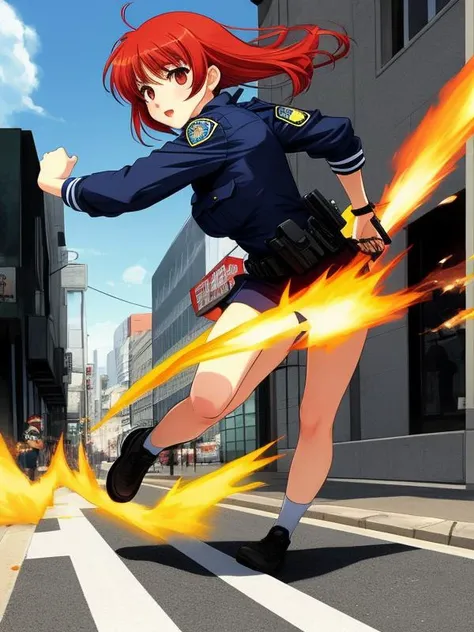 red head girl,Running,Dynamic pose,complex stuff around,
police car,by artist Shuichi Shigeno,