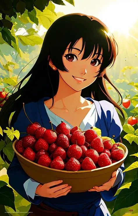 very cute girl appealing anthropomorphic chery,looking at the viewer,big grin,happy,fruit,berry,droplets,macro,sunlight,fantasy art,dynamic composition,dramatic lighting,epic realistic,award winning illustration,anime,carton,art by Osamu Tezuka,