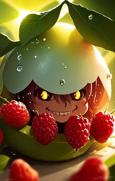very cute appealing anthropomorphic chery,looking at the viewer,big grin,happy,fruit,berry,droplets,macro,sunlight,fantasy art,dynamic composition,dramatic lighting,epic realistic,award winning illustration,anime,carton,