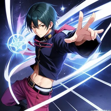 Male,Dynamic pose,Complex magic road background,by artist Shuichi Shigeno,