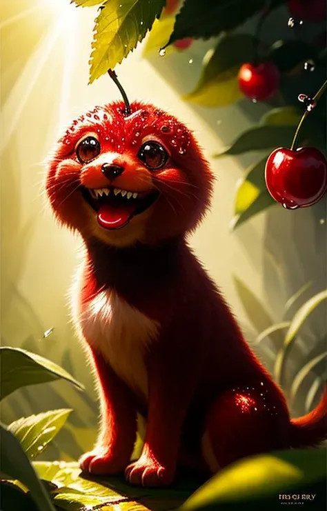 very cute appealing anthropomorphic cherry,looking at the viewer,big grin,happy,fruit,berry,droplets,macro,sunlight,fantasy art,dynamic composition,dramatic lighting,epic realistic,award winning illustration,