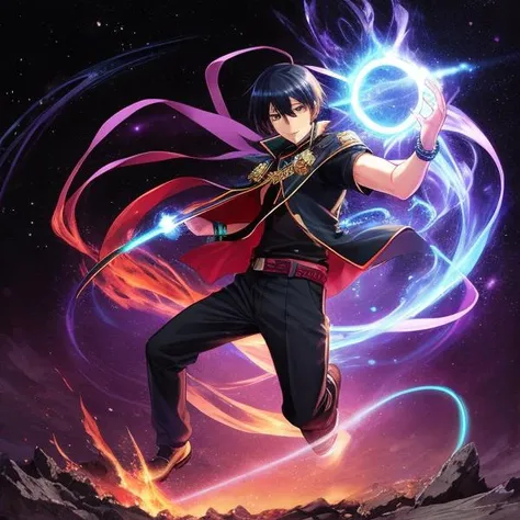 Male,Dynamic pose,Complex magic road background,by artist Shuichi Shigeno,