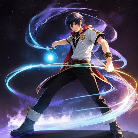 Male,Dynamic pose,Complex magic road background,by artist Shuichi Shigeno,