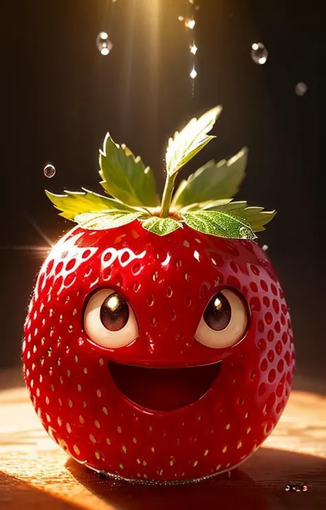 ((masterpiece:1.3,concept art,best quality)),very cute appealing anthropomorphic strawberry,looking at the viewer,big grin,happy,fruit,berry,droplets,macro,sunlight,fantasy art,dynamic composition,dramatic lighting,epic realistic,award winning illustration,