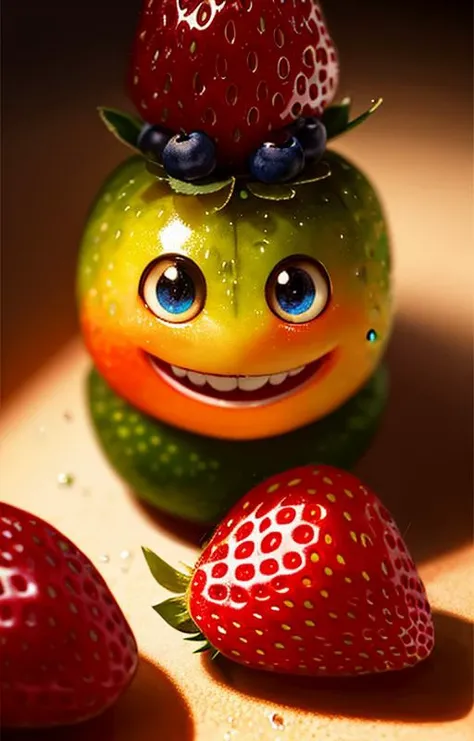 very cute appealing anthropomorphic strawberry,looking at the viewer,big grin,happy,fruit,berry,droplets,macro,sunlight,fantasy art,dynamic composition,dramatic lighting,epic realistic,award winning illustration,