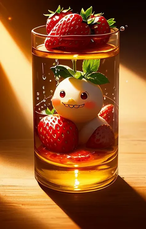 ((masterpiece:1.3,concept art,best quality)),very cute appealing anthropomorphic strawberry,looking at the viewer,big grin,happy,fruit,berry,droplets,macro,sunlight,fantasy art,dynamic composition,dramatic lighting,epic realistic,award winning illustration,