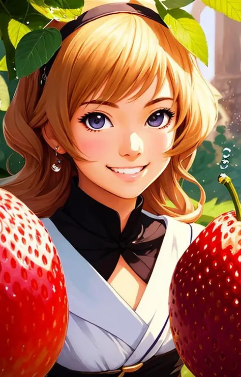 very cute girl appealing anthropomorphic chery,looking at the viewer,big grin,happy,fruit,berry,droplets,macro,sunlight,fantasy art,dynamic composition,dramatic lighting,epic realistic,award winning illustration,anime,carton,art by Osamu Tezuka,