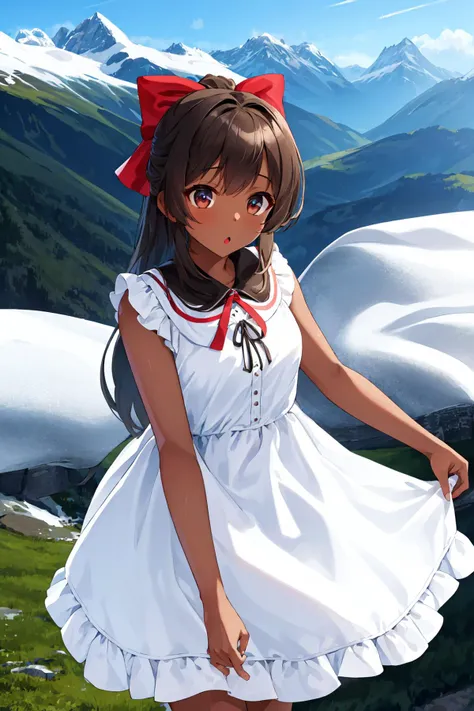 best quality, ultra-detailed, (1girl, solo, <lyco:hair_bow_back_of_head-v1:1>, hrbwonboh, hair bow, sundress, white blouse ,dark skin ,  long hair, :o, ), in the swiss alps