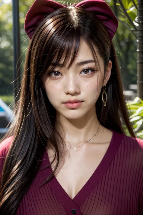 (realistic:1.3), finely detailed, quality, rembrandt lighting, (masterpiece:1.2), (photorealistic:1.2), (best quality), (detailed skin:1.3), (intricate details), dramatic, ray tracing, 1girl, japanese girl, 21 years old, detailed skin texture, (blush:0.5), (goosebumps:0.5), subsurface scattering, smiling, medium breasts, very long hair, bangs, hair between eyes, hrbwonboh, (hair bow:1.2), frilled shirt, wide collar, portrait shot, (bright sunny day, outdoors, park, nature), <lyco:hair_bow_back_of_head-v1:1.0>