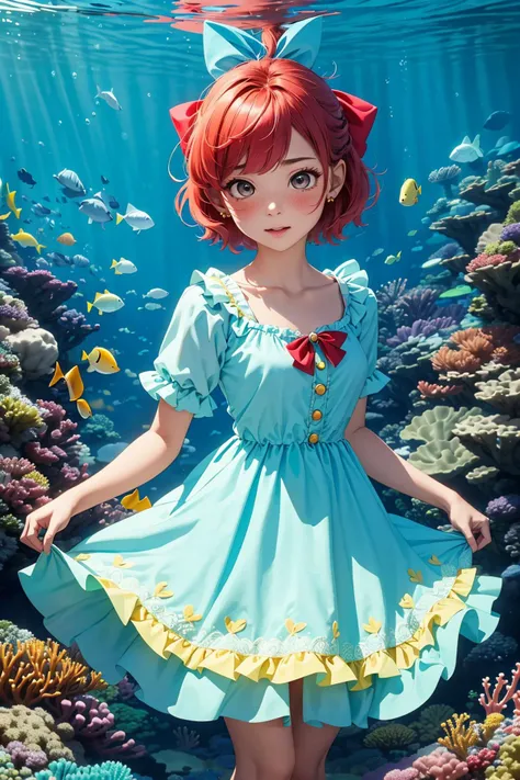 best quality, ultra-detailed, (1girl, solo, <lyco:hair_bow_back_of_head-v1:1>, hrbwonboh, hair bow, dress ,,  short hair, very embarrassed, ), under the sea