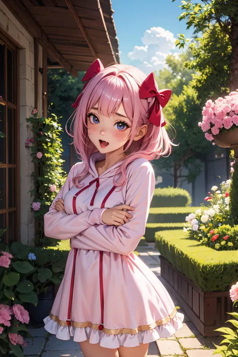 best quality, ultra-detailed, (1girl, solo, <lyco:hair_bow_side_of_head-v1:1>, hrbwonsoh, hair bow, xxbothsidexx,  kigurumi ,,  , gasping, ), in a secret garden