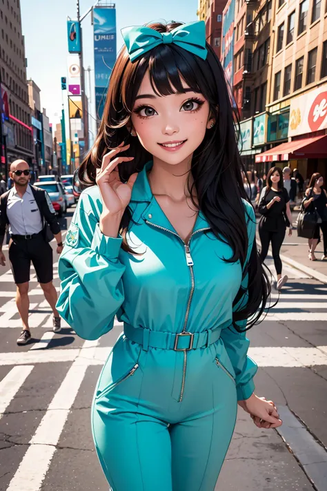 best quality, ultra-detailed, (1girl, solo, <lyco:hair_bow_front_of_head-v1:1>, hrbwonfoh, hair bow,  jumpsuit ,,  long hair, smile, ), in new york