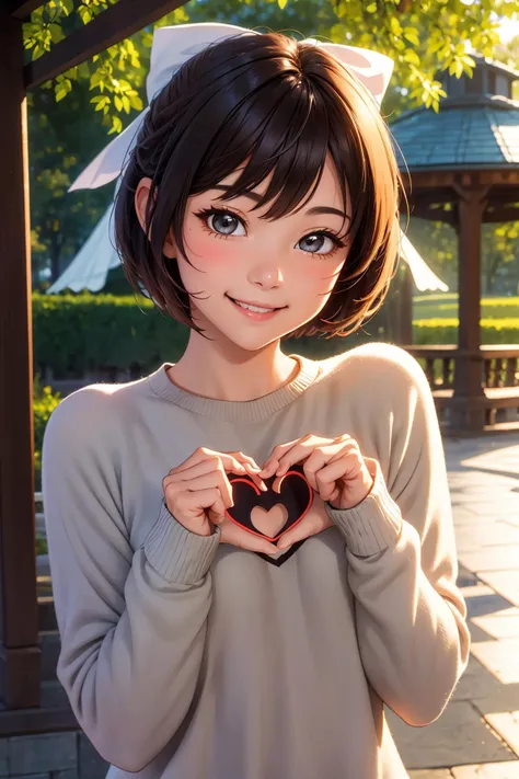 best quality, ultra-detailed, (1girl, solo, <lyco:hair_bow_back_of_head-v1:1>, hrbwonboh, hair bow, sweater, heart cutout ,,  short hair, kind smile, ), under a gazebo