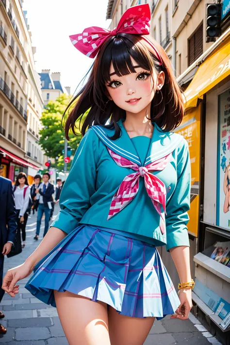 best quality, ultra-detailed, (1girl, solo, <lyco:hair_bow_top_of_head-v1:1>, hrbwontoh, hair bow,   serafuku, __colors__ checked pleated_skirtskirt ,,  , staring, ), in paris