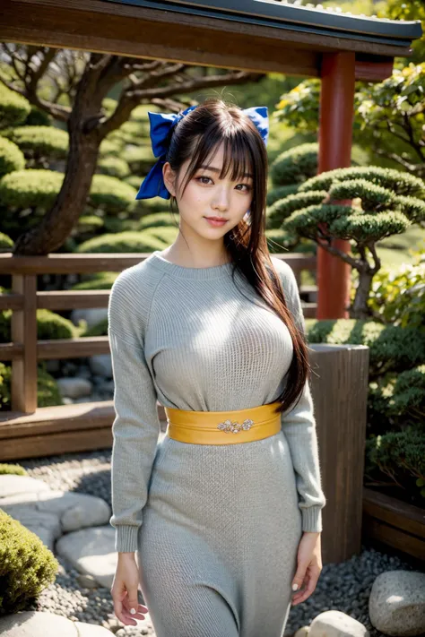 (realistic:1.3), finely detailed, quality, rembrandt lighting, (masterpiece:1.2), (photorealistic:1.2), (best quality), (detailed skin:1.3), (intricate details), dramatic, ray tracing, 1girl, japanese girl, 21 years old, detailed skin texture, (blush:0.5), (goosebumps:0.5), subsurface scattering, smiling, medium breasts, very long ponytail, bangs, hair between eyes, hrbwonboh, (hair bow:1.2), sweater dress, ribbed sweater, cowboy shot, (bright sunny day, outdoors, japanese garden, white stones), <lyco:hair_bow_back_of_head-v1:1.0>