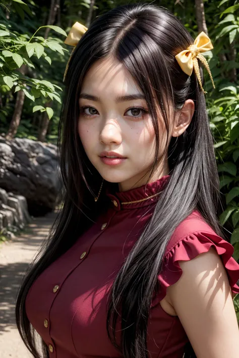 (realistic:1.3), finely detailed, quality, rembrandt lighting, (masterpiece:1.2), (photorealistic:1.2), (best quality), (detailed skin:1.3), (intricate details), dramatic, ray tracing, 1girl, japanese girl, 21 years old, detailed skin texture, (blush:0.5), (goosebumps:0.5), subsurface scattering, smiling, medium breasts, long hair, bangs, hair between eyes, hrbwonsoh, (hair bow:1.2), (xxbothsidexx:1.2), frilled shirt, wide collar, portrait shot, (bright sunny day, outdoors, park, nature), <lyco:hair_bow_side_of_head-v1:1.0>