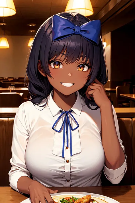 best quality, ultra-detailed, (1girl, solo, <lyco:hair_bow_front_of_head-v1:1>, hrbwonfoh, hair bow,  blouse ,dark skin ,  , grin, ), in a restaurant