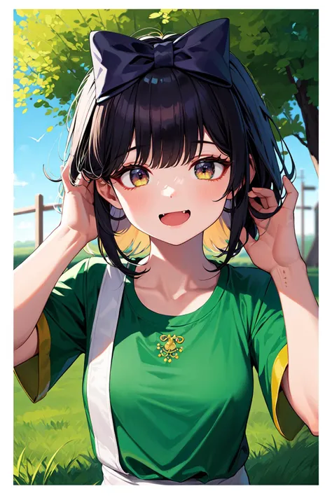 best quality, ultra-detailed, (1girl, solo, <lyco:hair_bow_front_of_head-v1:1>, hrbwonfoh, hair bow,  border shirt ,dark skin ,  , smile fang, ), on a farm