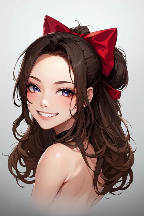 best quality, ultra-detailed, (1girl, solo, <lyco:hair_bow_back_of_head-v1:1>, hrbwonboh, hair bow, tube_top ,, , evil smile, ), in an art gallery