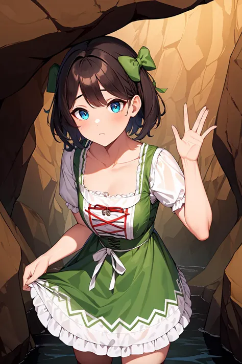 best quality, ultra-detailed, (1girl, solo, <lyco:hair_bow_side_of_head-v1:1>, hrbwonsoh, hair bow, xxbothsidexx,  dirndl, apron ,dark skin ,  short hair, :/, ), in a cave