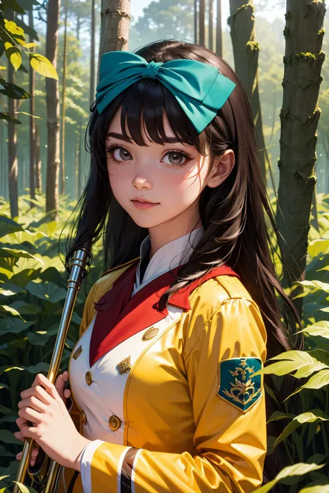 best quality, ultra-detailed, (1girl, solo, <lyco:hair_bow_front_of_head-v1:1>, hrbwonfoh, hair bow,  marching band uniform ,,  , :3, ), in a forest clearing