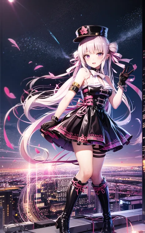 masterpiece, best quality, 1girl,li, solo, long_hair, <lora:lili:0.65>, outdoors, (night light:1.3), black gloves,hat,city background,black thighhigh,boots