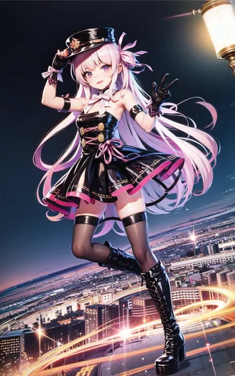masterpiece, best quality, 1girl,li, solo, long_hair, <lora:lili:0.65>, outdoors, (night light:1.3), black gloves,hat,city background,black thighhigh,boots