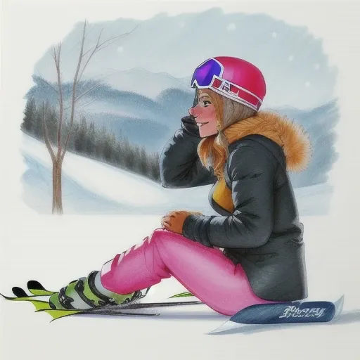 a drawing of a pretty woman sitting at a skiing <lora:DougSneyd:1>