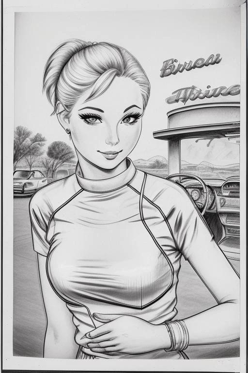 a drawing of a beautiful woman, drive-in fast food waitress, short blonde hair, <lora:DougSneyd:1>