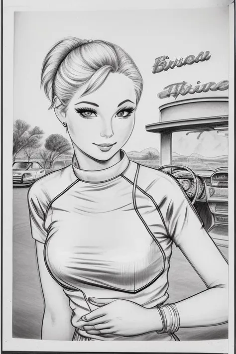 a drawing of a beautiful woman, drive-in fast food waitress, short blonde hair,   <lora:DougSneyd:1>