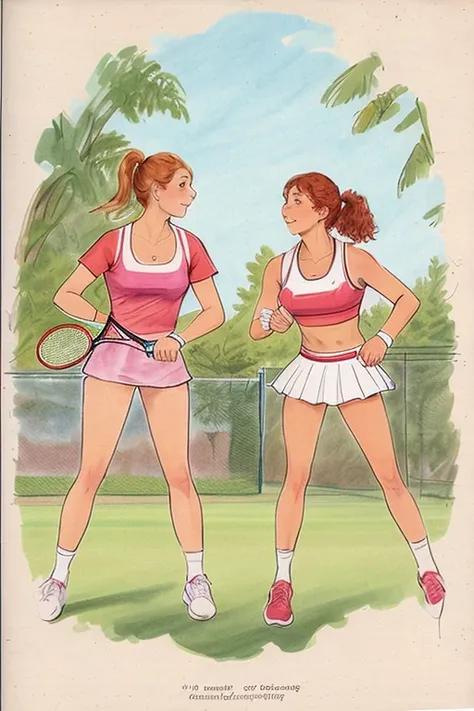 a drawing of 2 women playing tennis, <lora:DougSneyd:1>