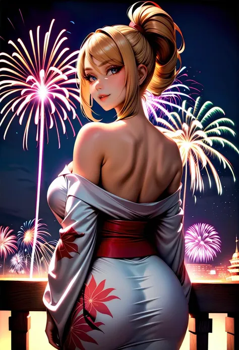 masterpiece, best quality, rating: general, newest, solo, 1girl, defSamus, slight smile, looking back, blonde hair, kimono, floral print, off shoulder, fireworks <lora:samus-xl-nvwls-v1:1>