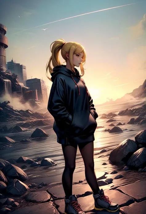 defSamus, blonde hair, <lora:samus-xl-nvwls-v1:1>, black hoodie, outdoors, expressionless,